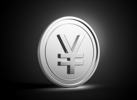 3d Silver Shiny Rounded Japanese Yen Coin Isolated On dark Background 3d Illustrationの写真素材