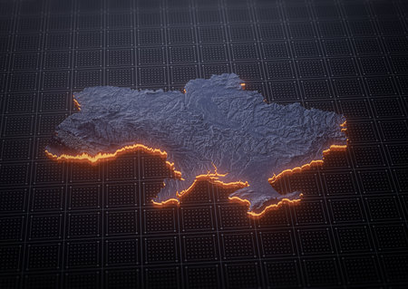 Illuminated Ukraine Data Map Highlighting Geographical Features Neon Glow Light 3D Illustration