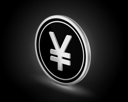 Shiny Silver And Black Rounded Japanese Yen Coin Isolated On dark Background 3d Illustrationの写真素材