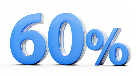 Vibrant Blue 60% Sixty Percent Sign With Metallic Gleam On White Background 3D Illustrationの写真素材
