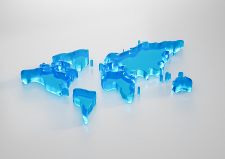 Water Ice Map Of World Global Warming Melting Glacier In Deep Ocean Blue Water 3d Illustration