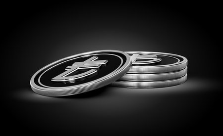 Stack Of Silver And Black Turkish Lira Coins Set On Shiny Silver Glow Background 3d Illustrationの写真素材