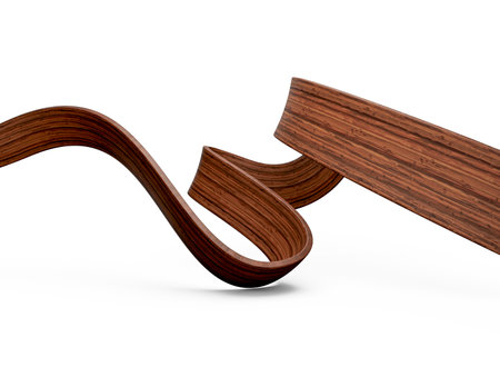 Elegant walnut wood ribbon flowing on white, minimalist abstract design. 3D illustrationの写真素材