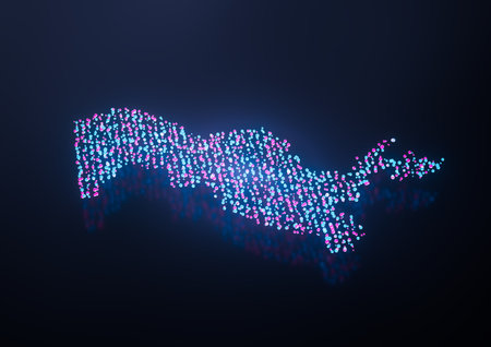 Illuminated Uzbekistan Digital Data Map Pink And Blue Neon Glowing Particles 3D Illustrationの写真素材
