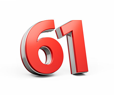 Bold Vibrant Red Number Sixty one Number 61 With Metallic On White Background 3D Illustrationの写真素材