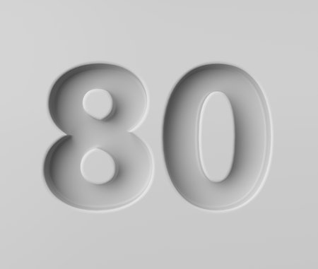Sleek White Number 80 Eighty With Subtle Shadow Embossed Into Grey Background 3D Illustrationの写真素材