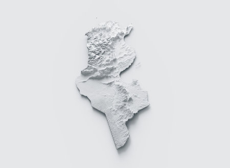 Snowy Tunisia Map White and Gray Shaded Relief Textured. 3D illustrationの写真素材