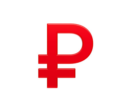 3D Red Russian Ruble symbol with a glossy surface, representing digital currency. 3d Illustrationの写真素材