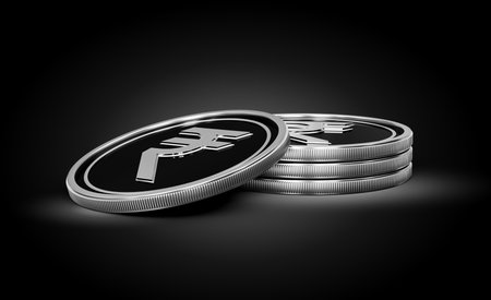 Stack Of Silver And Black Indian Rupee Coins Set On Shiny Silver Glow Background 3d Illustrationの写真素材