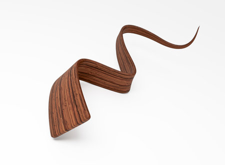 Elegant wavy wood ribbon with rich walnut grain on white background. 3D illustrationの写真素材