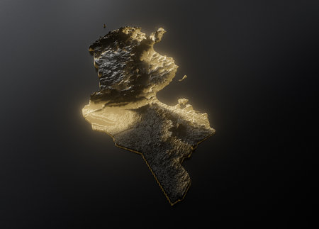 Tunisia Map Golden Metallic Texture Map Gold Reserves And Gold Mining Concept 3D Illustrationの写真素材