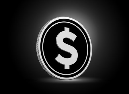 Silver And Black Rounded United States Dollar Coin On Shiny Silver Glow Background 3d Illustrationの写真素材