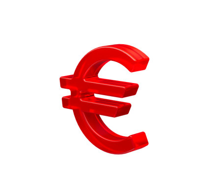 Glossy red Euro currency symbol with smooth curves and reflective surface, 3D Illustration.の写真素材