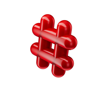 A glossy red 3D hashtag symbol, representing social media and online connectivity. 3D Illustrationの写真素材