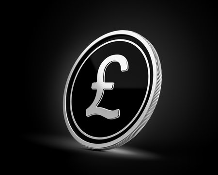 Silver And Black Rounded British Pound Coin On Shiny Silver Glow Background 3d Illustrationの写真素材