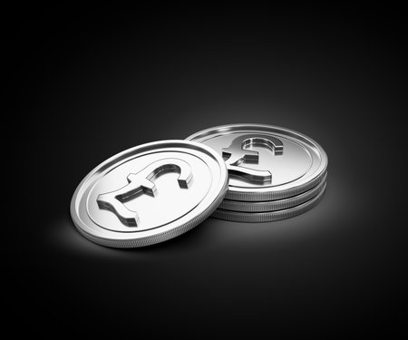 Stack Of Silver Shiny British Pound Rounded Coins On Shiny Silver Glow Background 3d Illustrationの写真素材