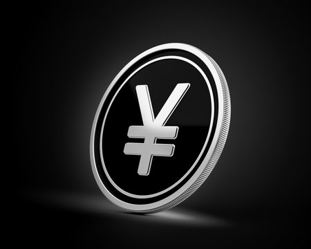 Shiny Silver And Black Rounded Japanese Yen Coin Isolated On dark Background 3d Illustrationの写真素材