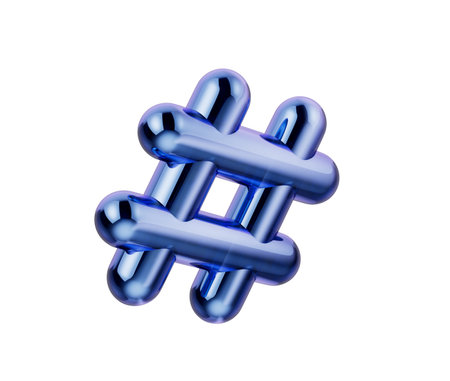 3D Metallic hashtag icon with a blue chrome finish, symbolizing social trends. 3D Illustration.の写真素材