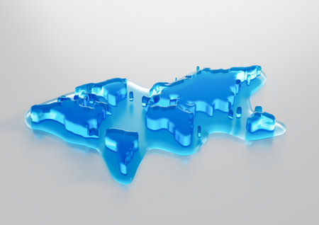 Water Ice Map Of World Global Warming Melting Glacier In Deep Ocean Blue Water 3d Illustrationの写真素材