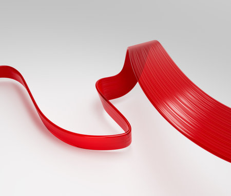 Elegant red ribbon flowing on a clean white background, abstract design. 3D illustrationの写真素材