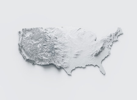 USA Map Gray And White Shaded Relief Textured Map On White Background 3D Illustrationの写真素材