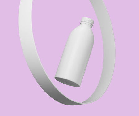 Minimalist white syrup bottle mockup with elegant ribbon on purple background, 3d illustrationの写真素材