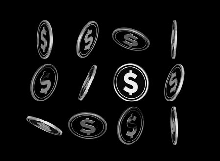 Falling Silver And Black United States Dollar Rounded Coins On dark Background 3d Illustrationの写真素材