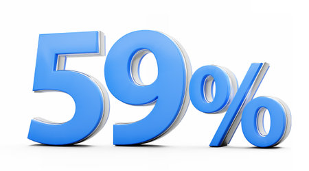 Vibrant Blue 59% Fifty Nine Percent Sign With Metallic Gleam On White Background 3D Illustrationの写真素材