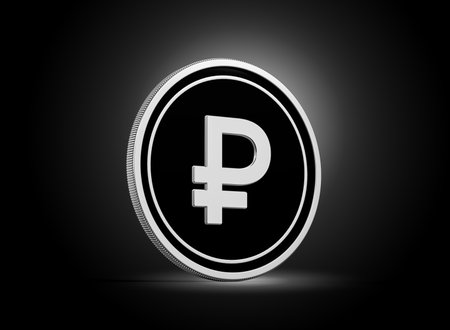 Shiny Silver And Black Rounded Russian Ruble Coin Isolated On dark Background 3d Illustrationの写真素材
