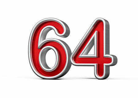 Vibrant Red Number Sixty four 64 With Metallic Gleam And Beveled Edges, 3D Illustration