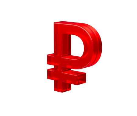 3D Red Russian Ruble symbol with a glossy surface, representing digital currency. 3d Illustrationの写真素材