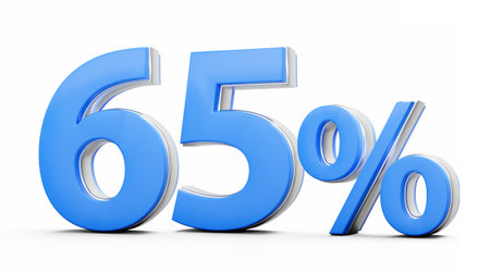 Vibrant Blue 65% Sixty Five Percent Sign With Metallic Gleam On White Background 3D Illustration