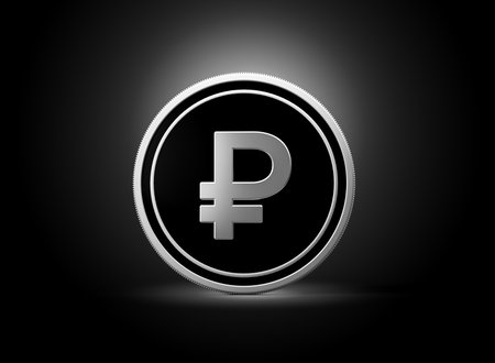 Silver And Black Rounded Russian Ruble Coin Isolated On Shiny Silver Glow Background 3d Illustrationの写真素材