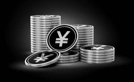 Sleek Silver And Black Japanese Yen Coins Rounded Coins Stack On dark Background 3d Illustrationの写真素材