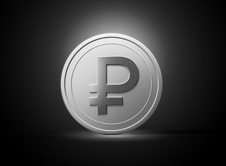 3d Silver Shiny Rounded Russian Ruble Coin Isolated On dark Background 3d Illustrationの写真素材
