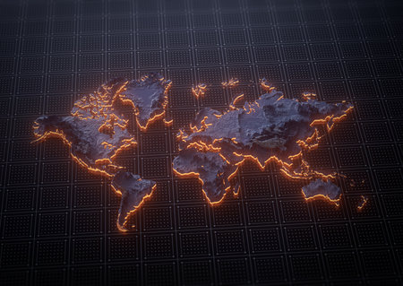 Illuminated World Data Map Highlighting Geographical Features Neon Glow Light 3D Illustrationの写真素材