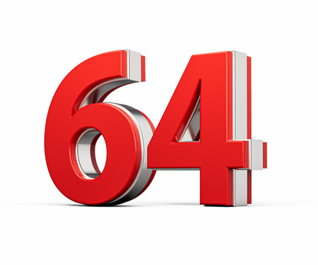 Bold Vibrant Red Number Sixty four Number 64 With Metallic On White Background 3D Illustration