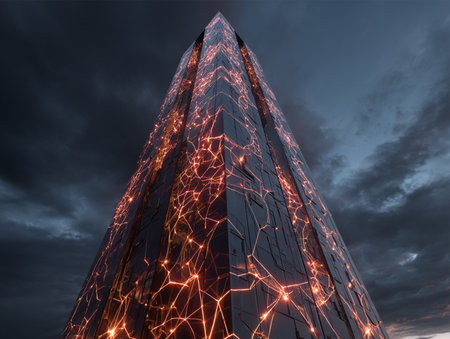 3d rendering of a modern skyscraper in the city at nightの素材