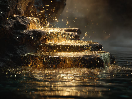 Fountain with light and smoke on dark background. Fantasy landscape.の素材
