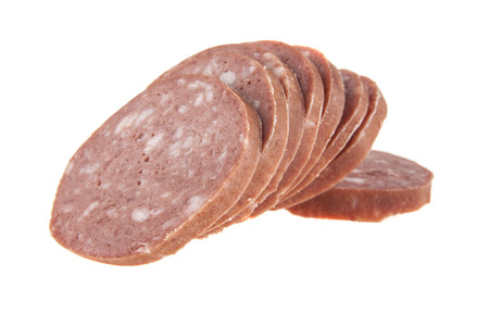 Salami slices isolated on white backgroundの写真素材