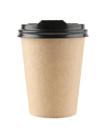 cardboard disposable cup for coffee isolated on white backgroundの写真素材