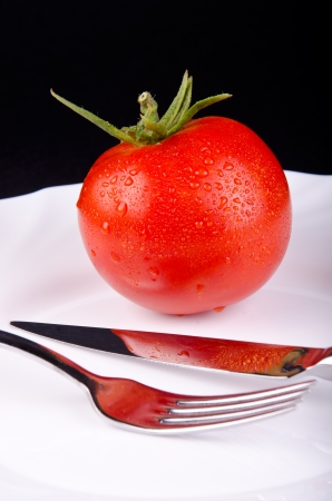 Tomato and dinner set in front of black backgroundの写真素材
