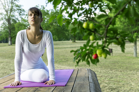Pretty woman doing yoga exercises in the park.の写真素材
