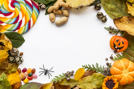 Autumn, Halloween background with leaves and pumpkins. Holiday concept with copy space.の写真素材