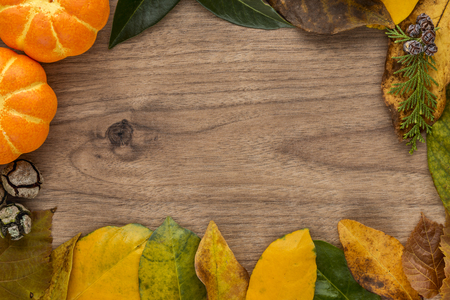 Autumn, Halloween background with leaves and pumpkins. Holiday concept with copy space.の写真素材