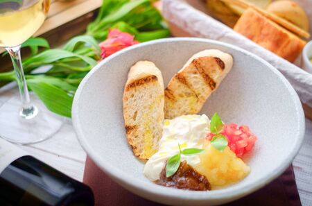 jam with cream cheese, sweet bruschettasの写真素材