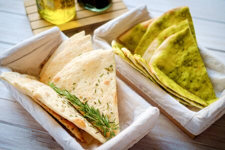 home-made Focaccia in a basket on a wooden table