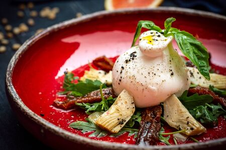 Burata cheese with dried tomatoes, artichokes, arugula and Basil on a red plate. A dish of Italian cuisine is an appetizer.の写真素材