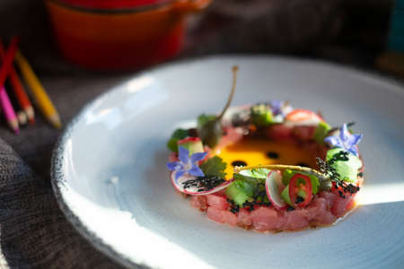 Tuna Tartar with Avocado on white plate, molecular Haute cuisineの写真素材