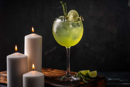 Refreshing Cocktail with Basil Leaf, Lime and ice in a wine glass on a dark background. drink gin and tonicの写真素材